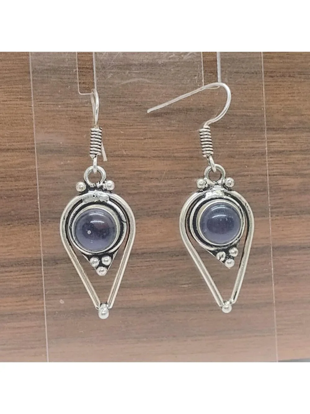 Handmade Ethnic Bohemian Teardrop Shaped Silver Amethyst Dangle Earrings